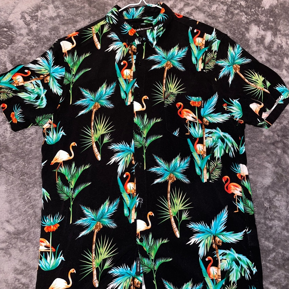 Molokai flamingo floral button down Hawaiian shirt